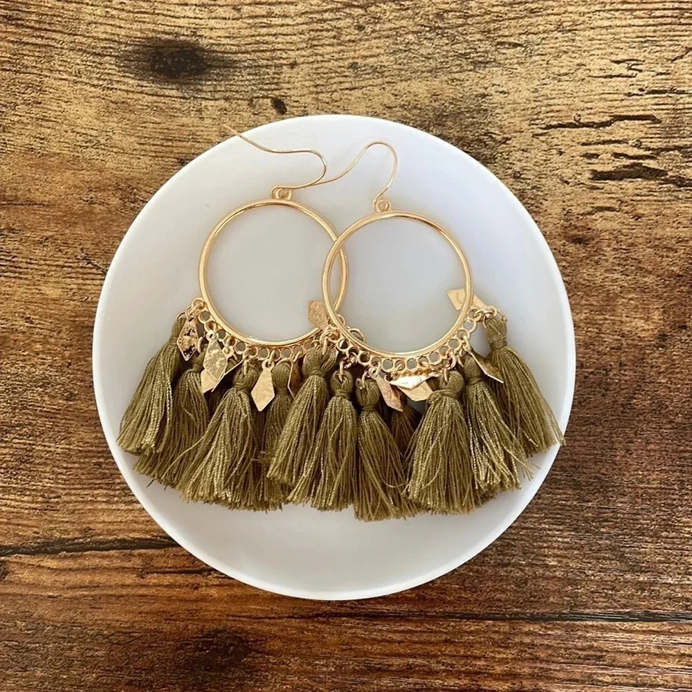 ❤️ NEW 2/$20 or 3/$25 Statement Boho Gold and Olive Green Tassle Earrings